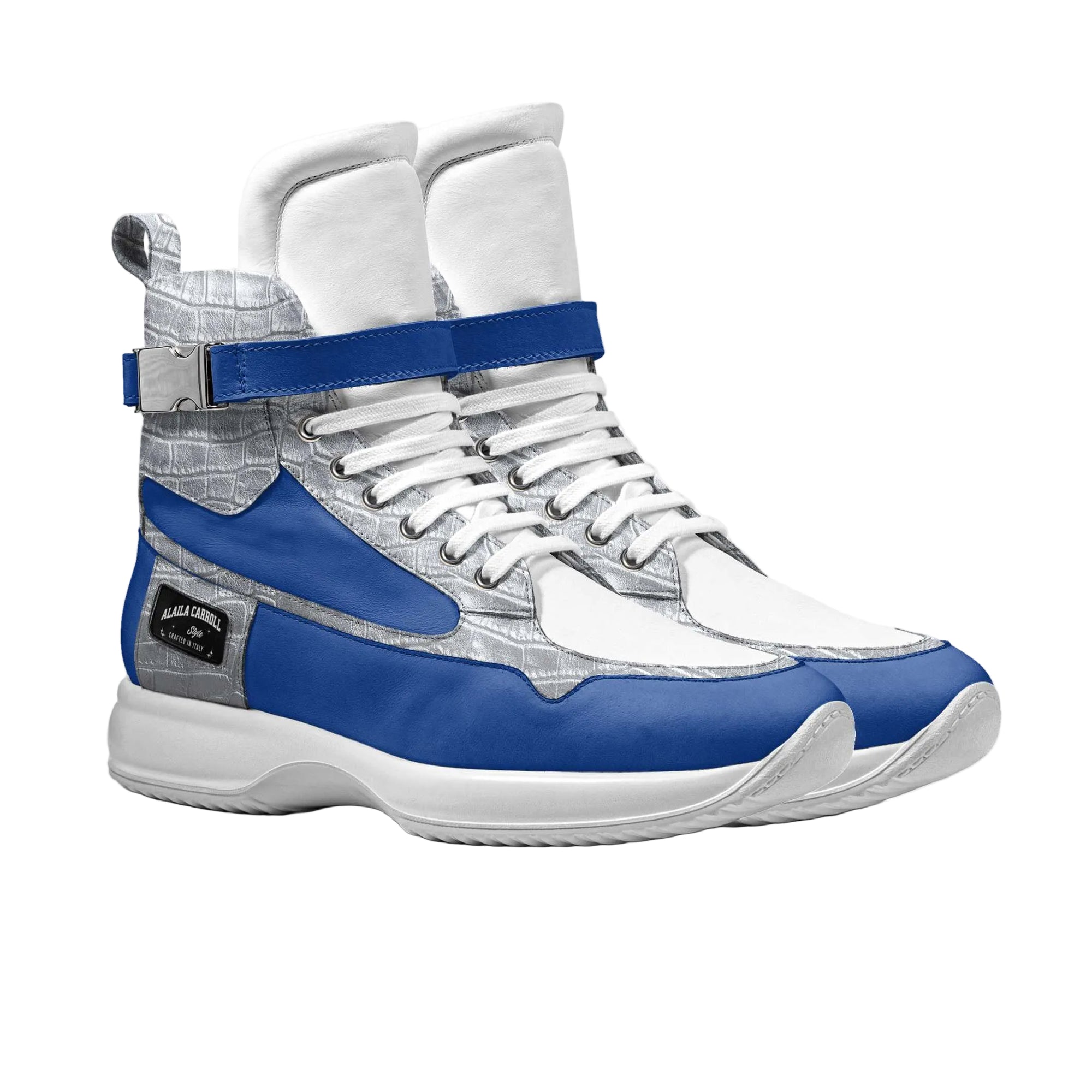 Blue silver white luxury high-top sneakers

Basketball-inspired designer high-top shoes

Luxury streetwear high-top sneaker