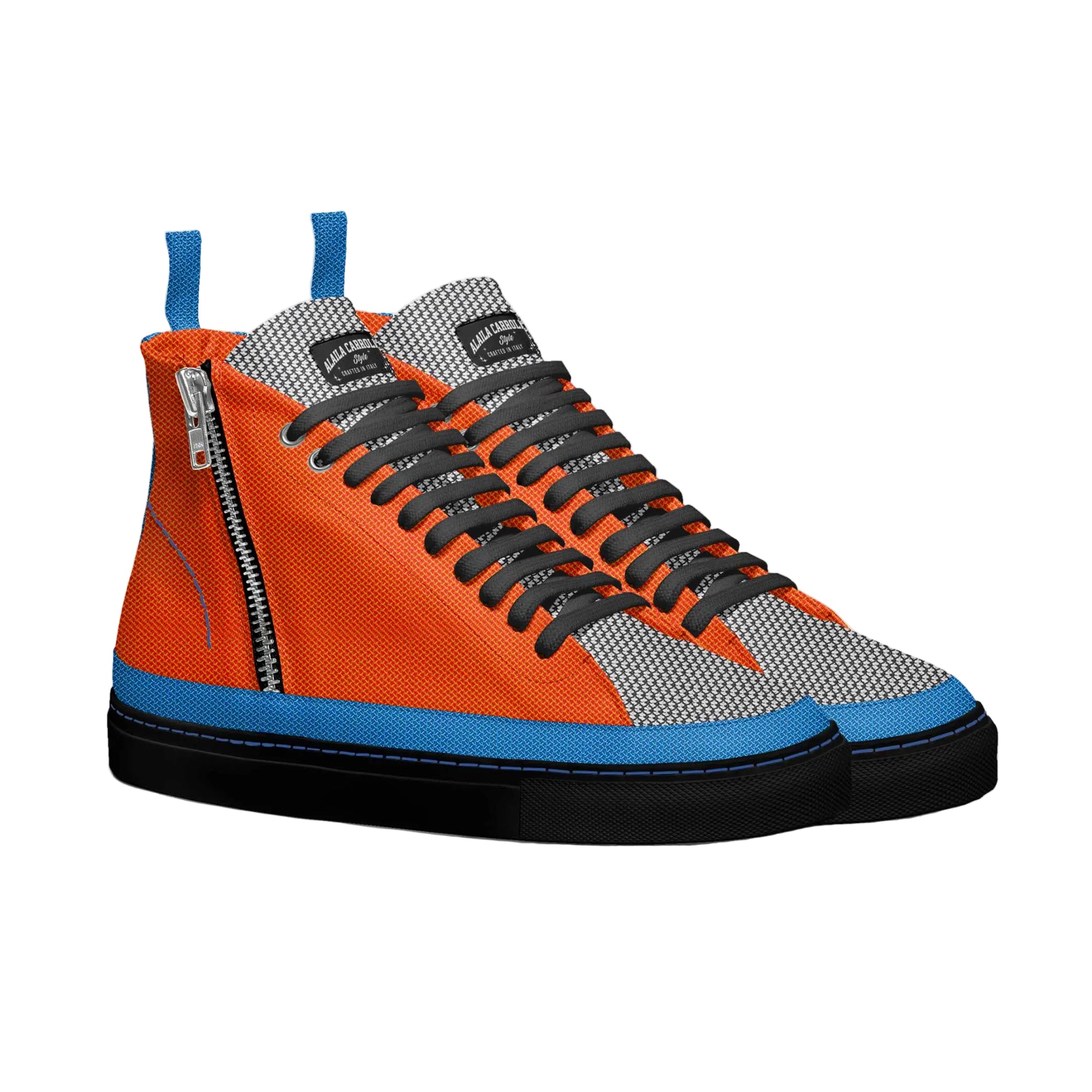 Motor-inspired high-top sneaker with side zipper, padded heel, and lightweight sole in orange, blue & silver textile for bold luxury streetwear style.

luxury high top sneakers, zipper sneakers, motor inspired shoes, statement sneakers, designer streetwear shoes, big size sneakers, fashion high top sneakers, modern athletic sneakers