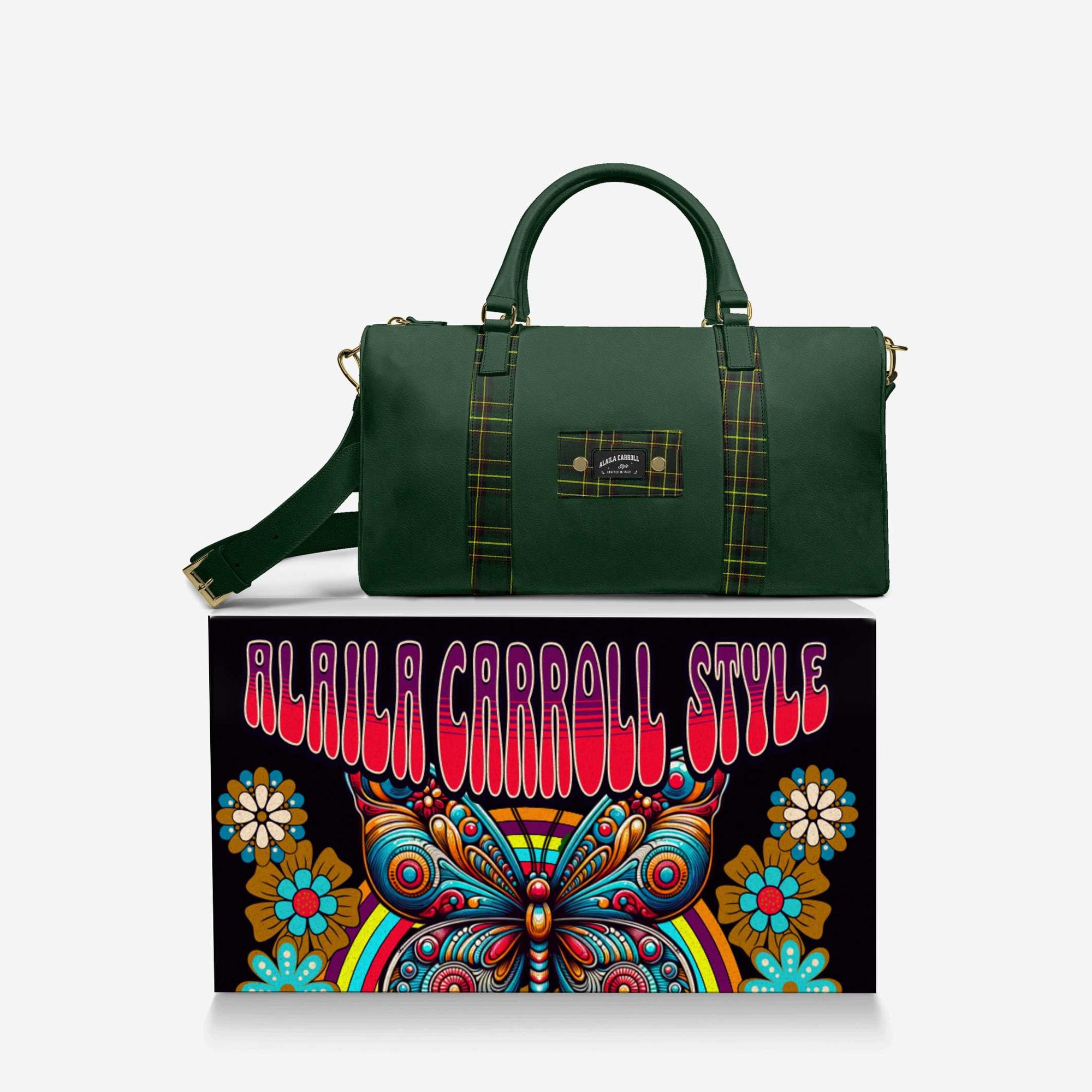 Designer Luxe Travel Bag Green & Green Plaid | Luxury Designer Weekender Bag | Alaila Carroll Style