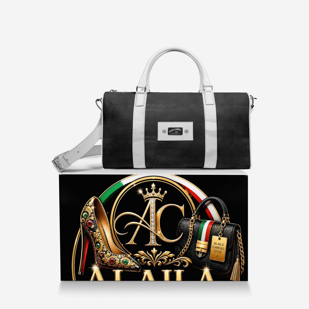 Designer Luxe Travel Bag Black & White | Luxury Italian Weekender Bag | Alaila Carroll Style