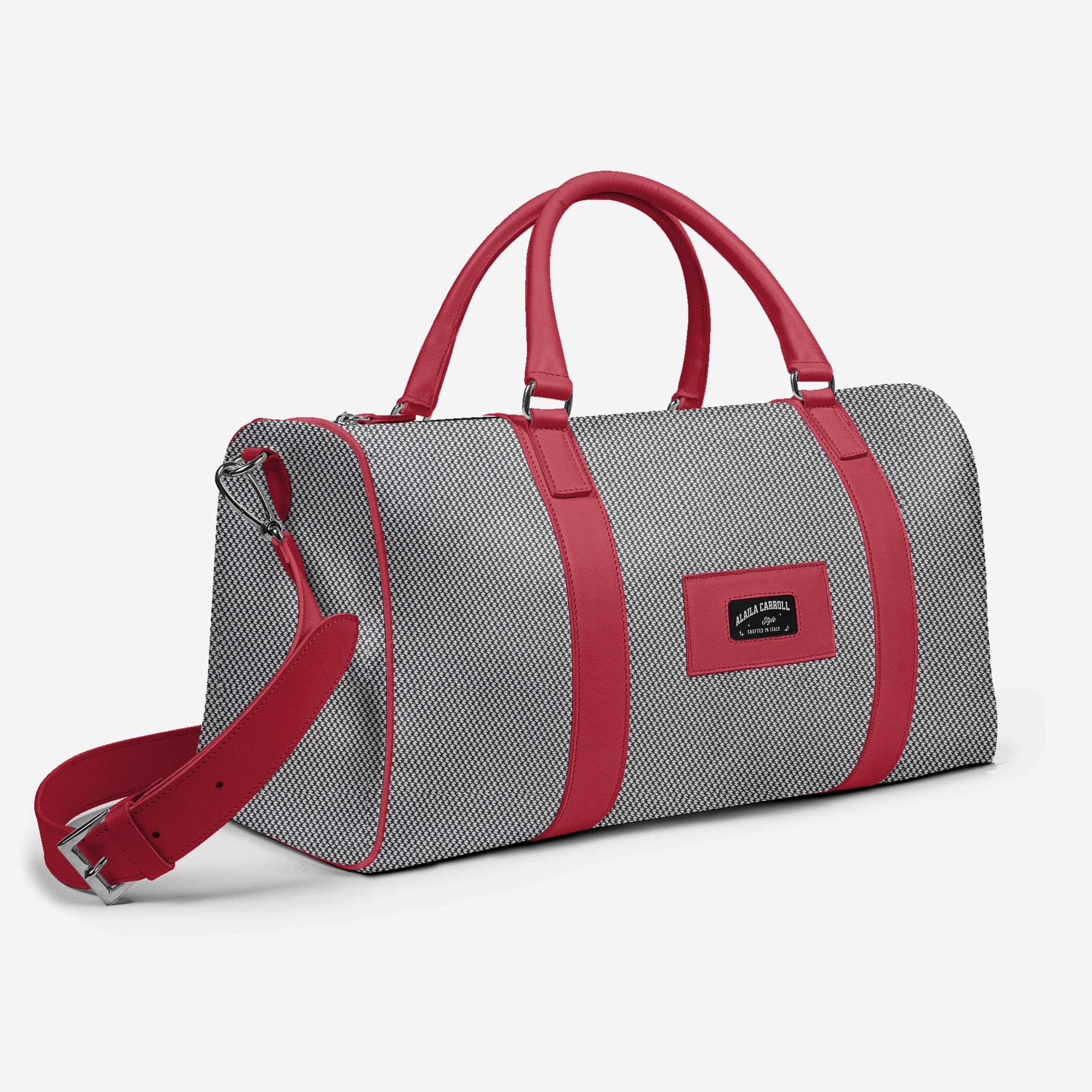 DESIGNER LUXE TRAVEL BAG Silver Textile & Red