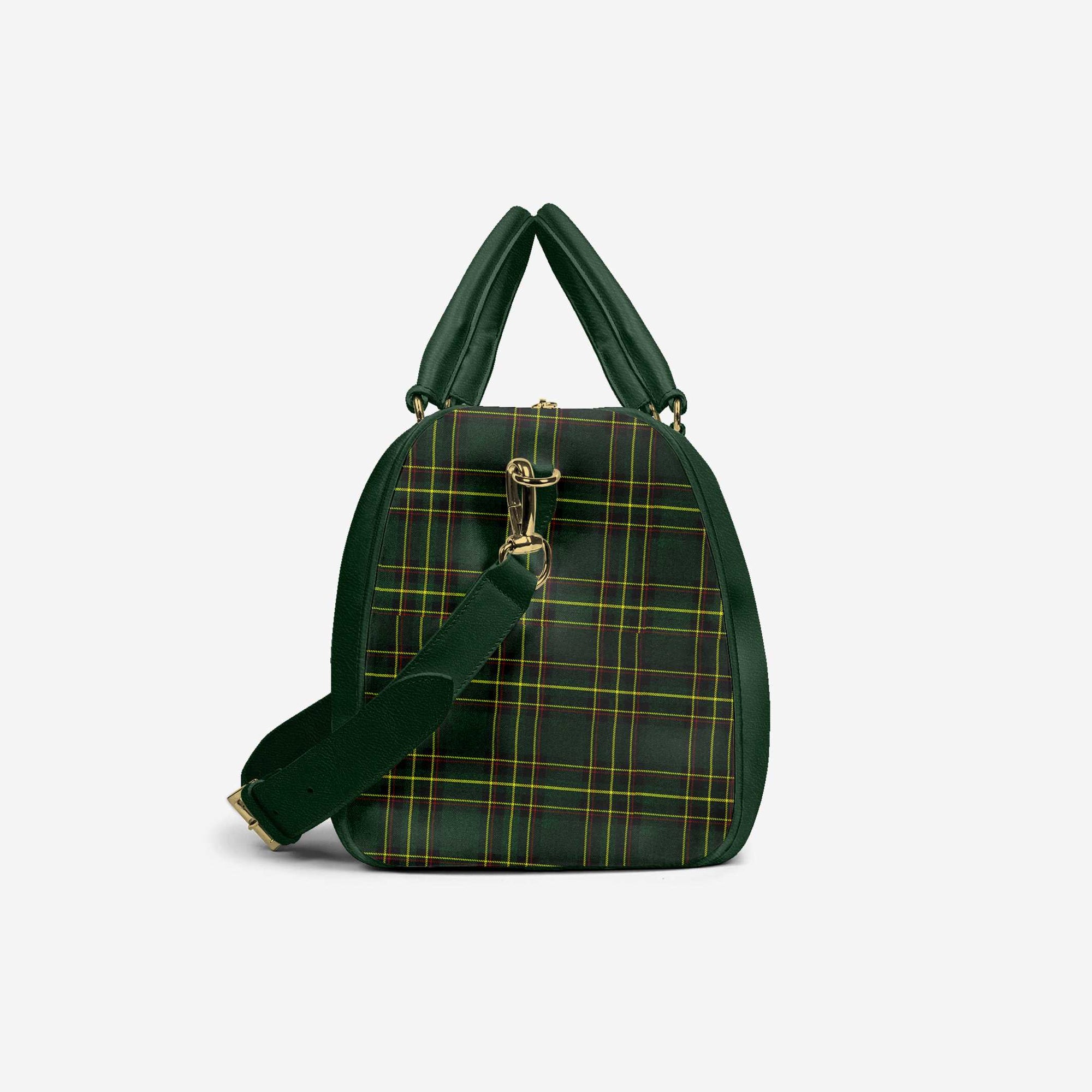 Designer Luxe Travel Bag Green & Green Plaid | Luxury Designer Weekender Bag | Alaila Carroll Style
