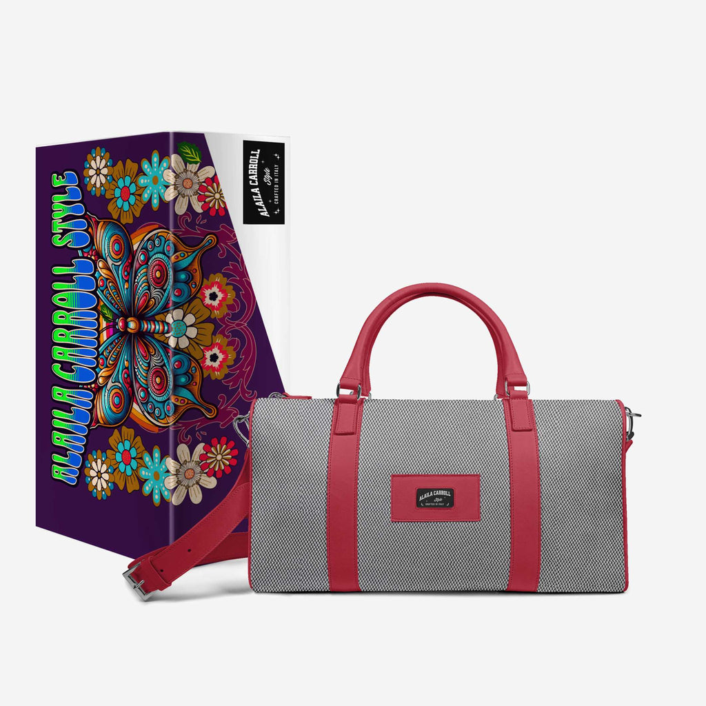 DESIGNER LUXE TRAVEL BAG Silver Textile & Red