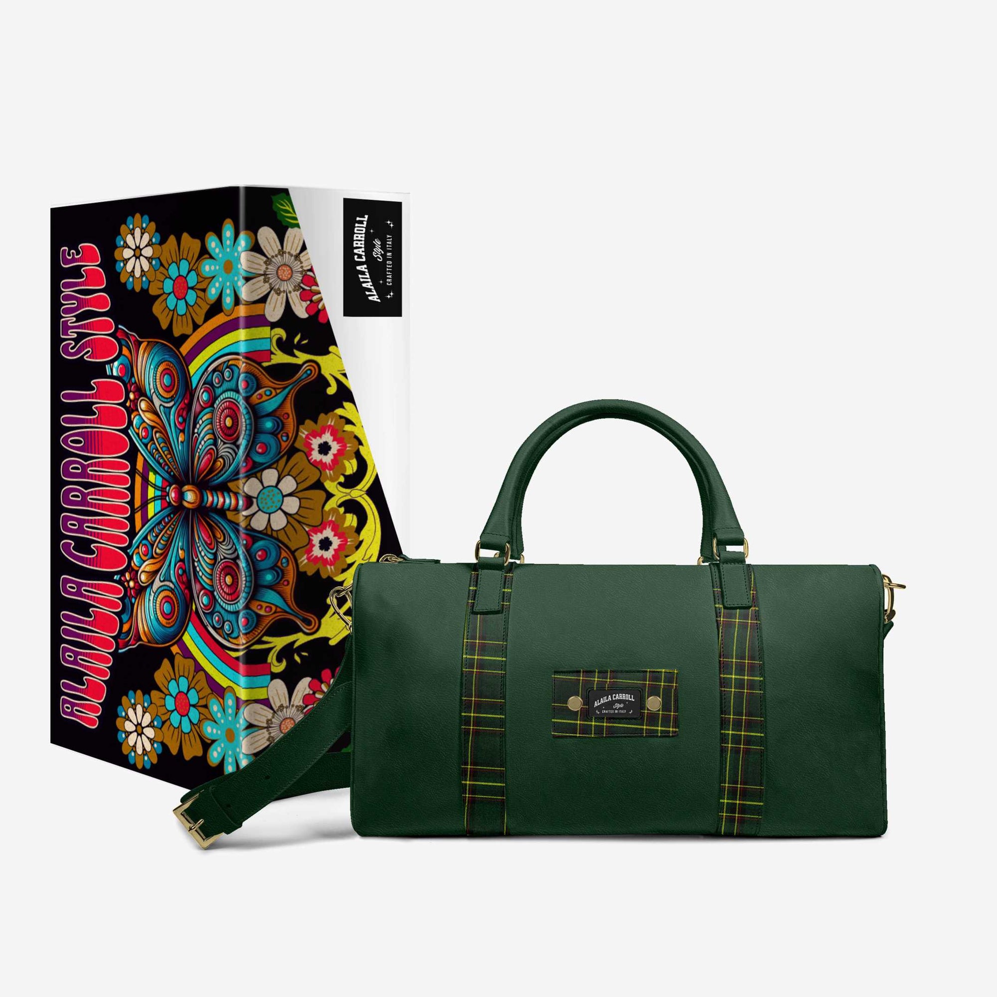 Designer Luxe Travel Bag Green & Green Plaid | Luxury Designer Weekender Bag | Alaila Carroll Style