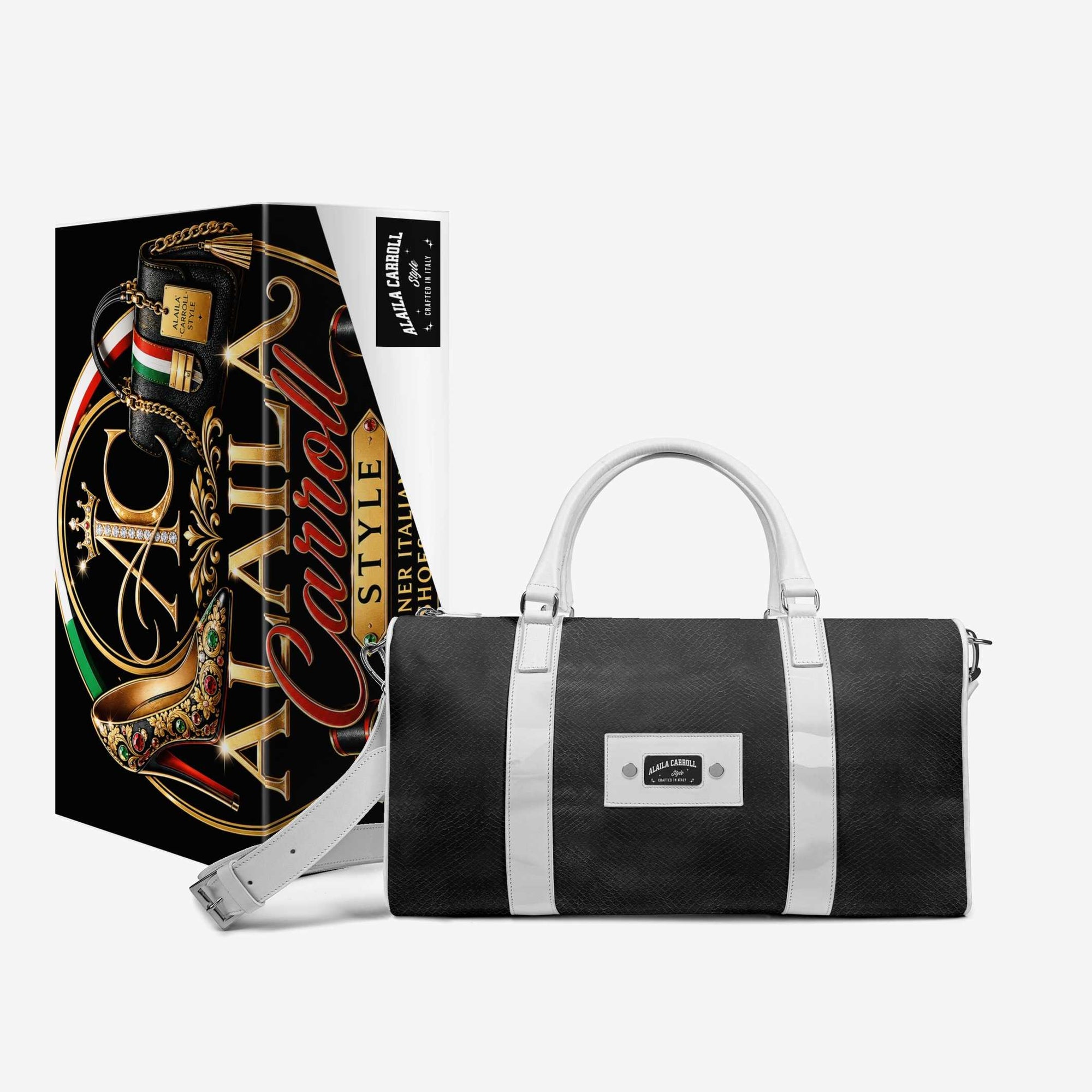 Designer Luxe Travel Bag Black & White | Luxury Italian Weekender Bag | Alaila Carroll Style