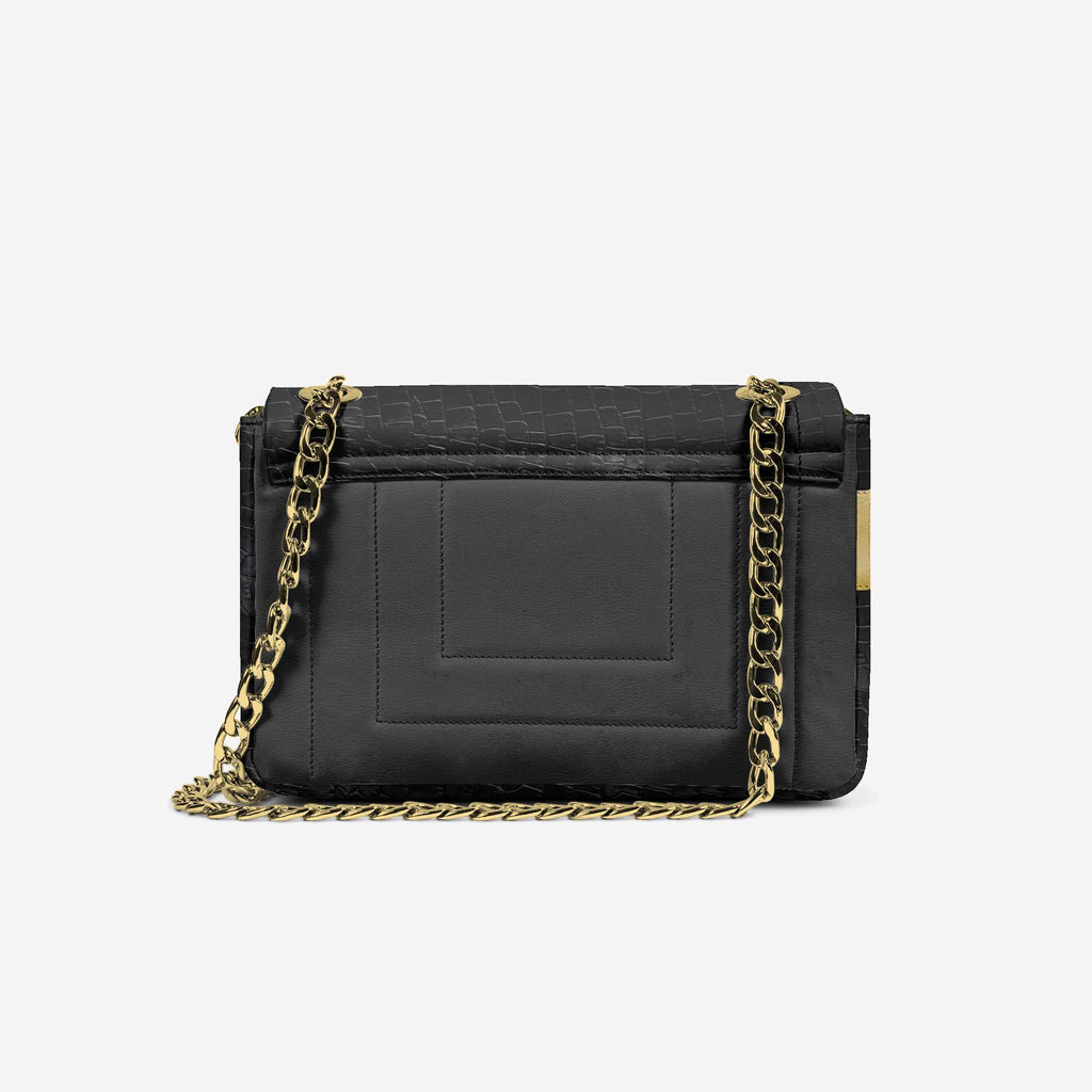 Designer Luxe Elegant Dress Bag in Black Croc & Gold