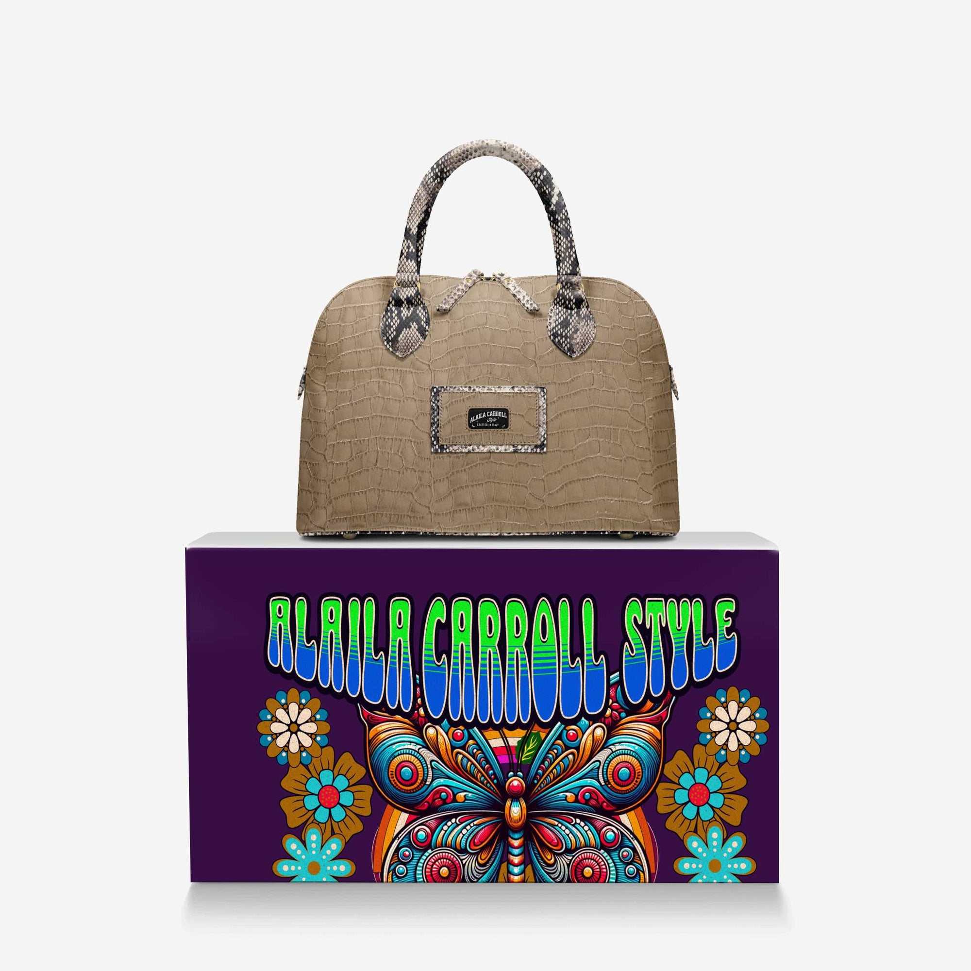 DESIGNER LUXURY FASHION-CHIC BAG Croc Print Beige and Python Print