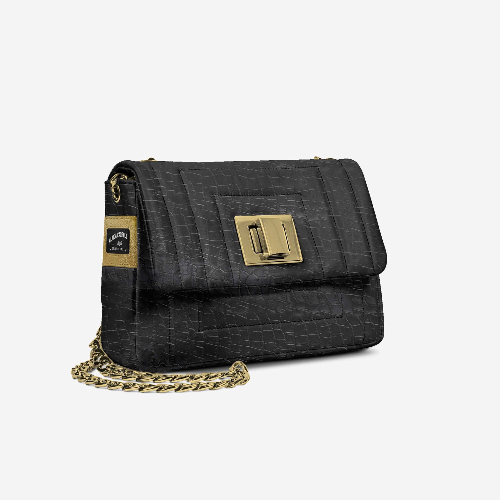 Designer Luxe Elegant Dress Bag in Black Croc & Gold