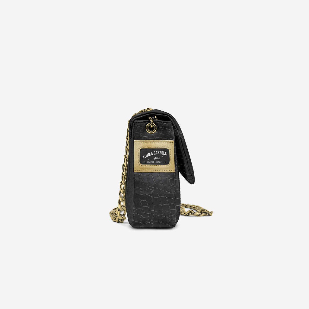 Designer Luxe Elegant Dress Bag in Black Croc & Gold