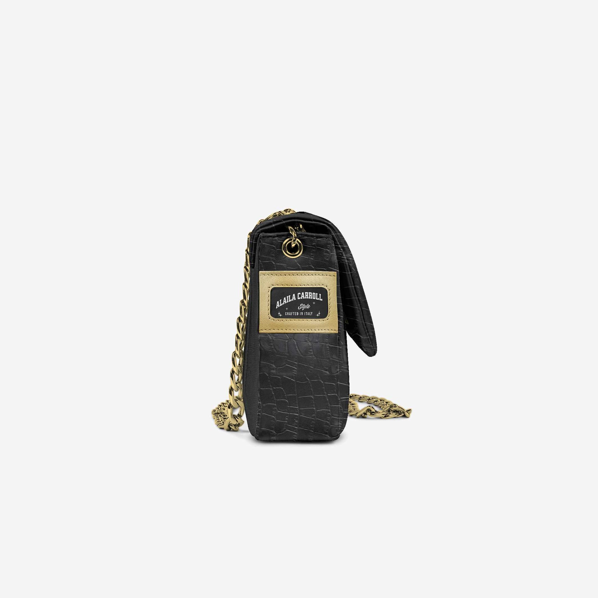Designer Luxe Elegant Dress Bag in Black Croc & Gold