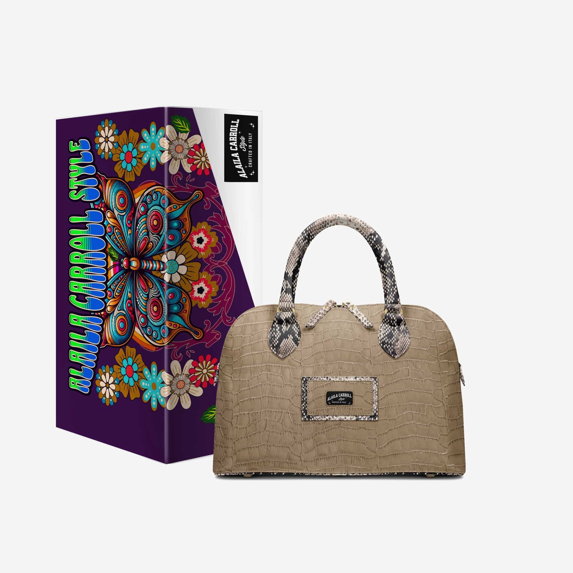 DESIGNER LUXURY FASHION-CHIC BAG Croc Print Beige and Python Print