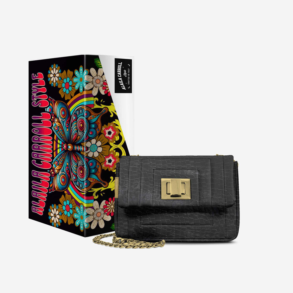 Designer Luxe Elegant Dress Bag in Black Croc & Gold