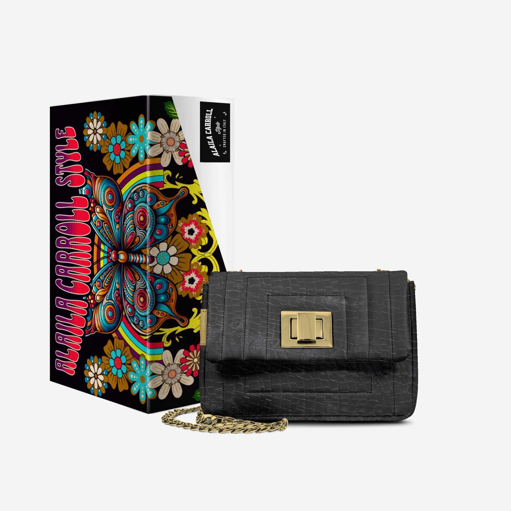 Designer Luxe Elegant Dress Bag in Black Croc & Gold