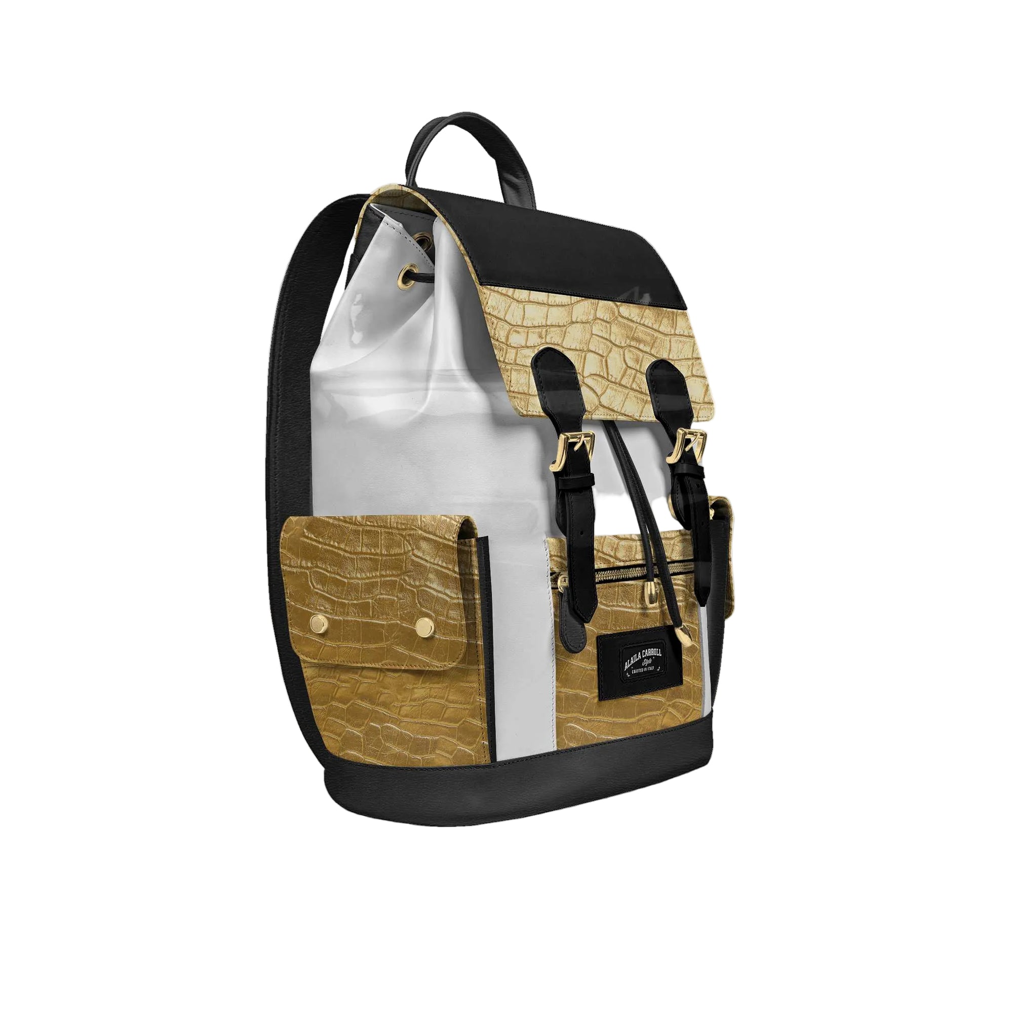 Multicolored backpack with black, white, and gold accents on a light gray background