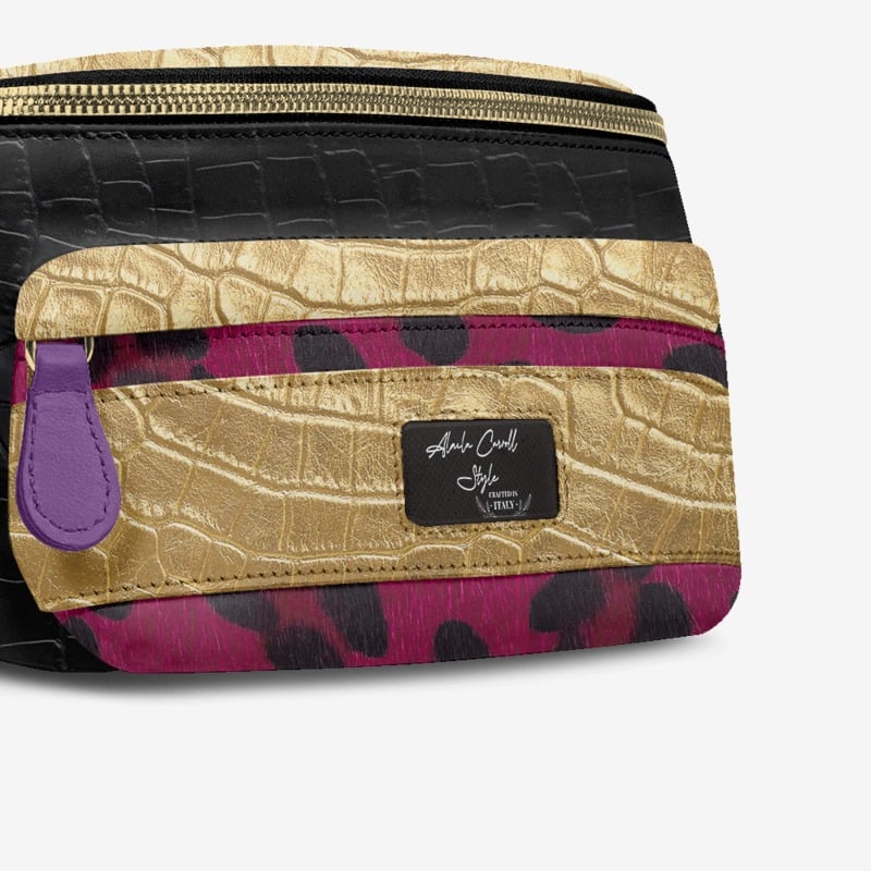 DESIGNER LUXE MULTI-POCKET BELT BAG Black, Purple, & Gold