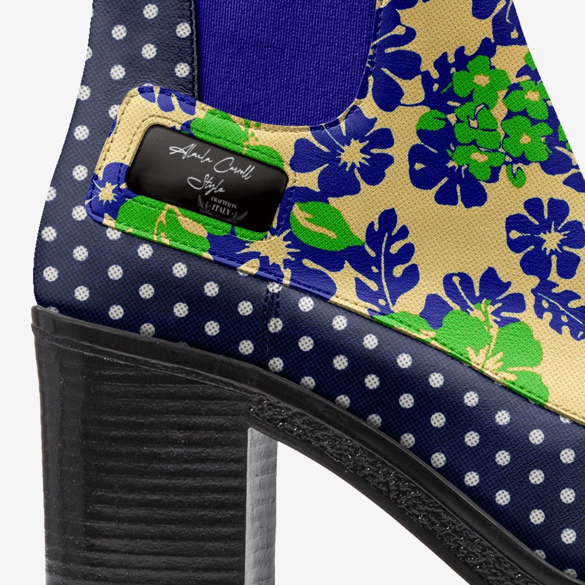 Slip-on Designer Boot Navy Polkadots & Green and Blue Flowers