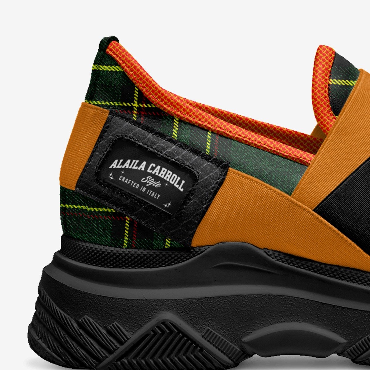 Elastic Sneaker Design Green Plaid, Orange, & Black
