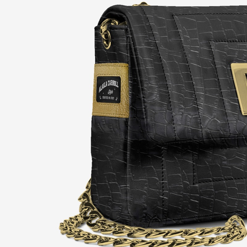 Designer Luxe Elegant Dress Bag in Black Croc & Gold