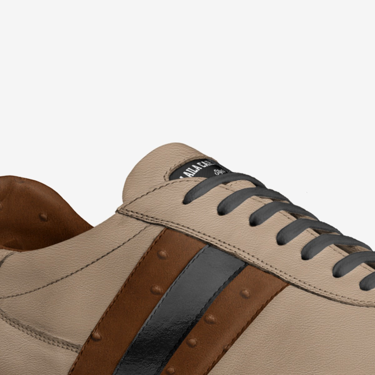 Soccer Style Stripe Nude, Ostrich Brown & Black | Luxury Indoor Soccer Sneakers | Alaila Carroll Style