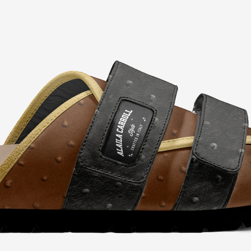 Multi Stripe Fashion Sandal Black & Brown Ostrich with Gold Trim | Luxury Designer Sandals | Alaila Carroll Style