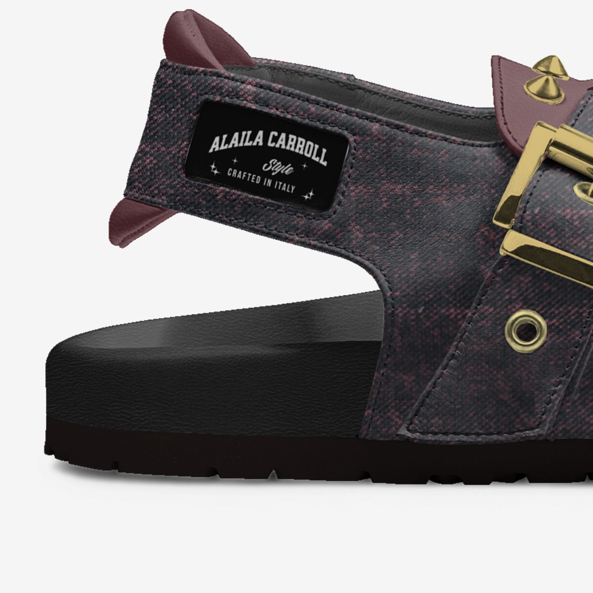 Spikes Luxury Sandal Vintage Red Textile & Wine | Rock-Inspired Designer Sandals | Alaila Carroll Style
