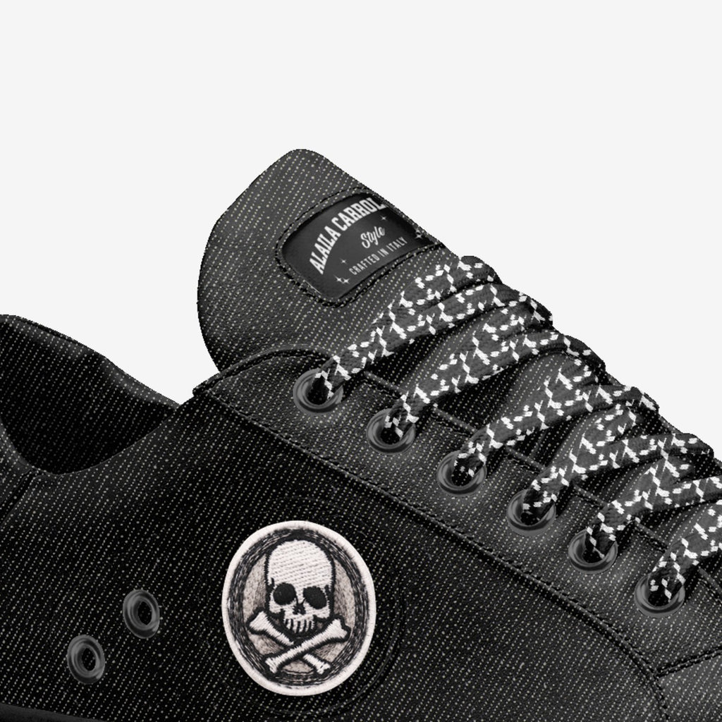 Eco Vintage Low Top Black Jeans | Sustainable Designer Denim Sneakers | Alaila Carroll Style