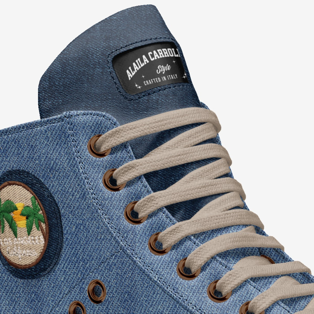 Eco Vintage High Top Denim Jeans with Mouton Laces | Sustainable Designer Sneakers | Alaila Carroll Style