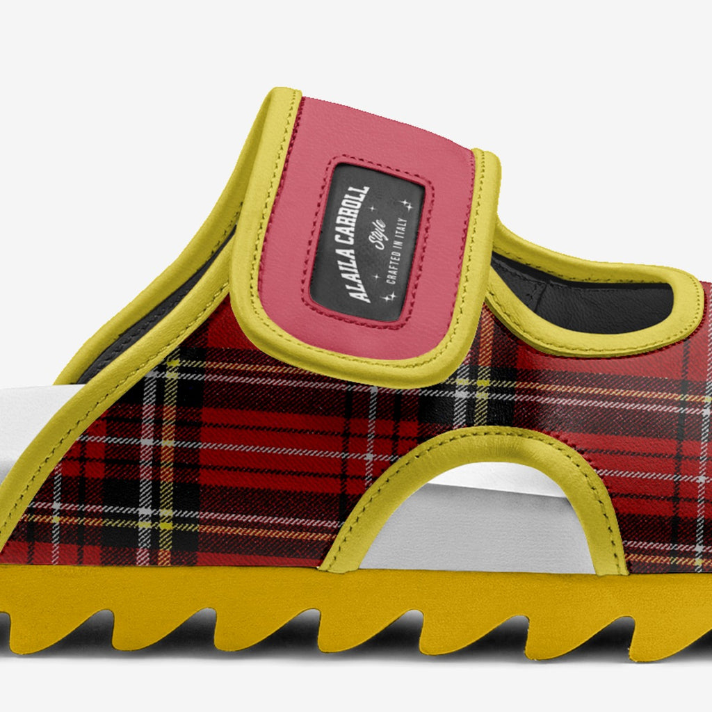 Limited-Edition Buckle Luxe Sandal Red Plaid & Canary | Luxury Designer Sandals | Alaila Carroll Style