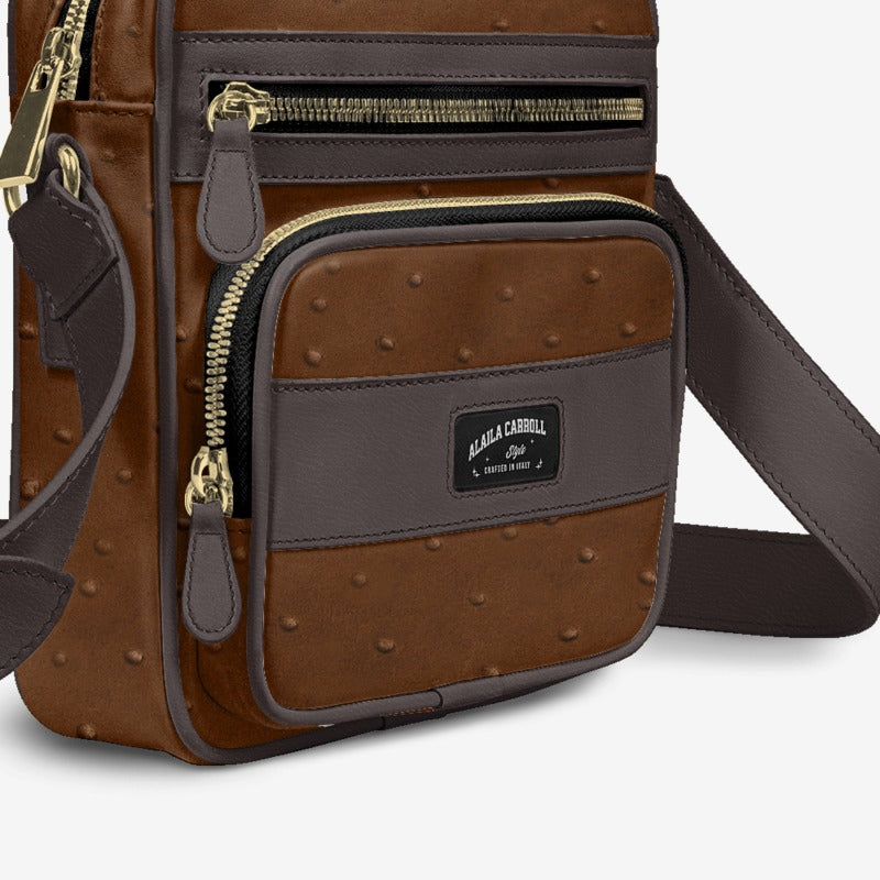 CROSS-BODY DESIGNER SHOULDER BAG – Brown Ostrich & Tobacco