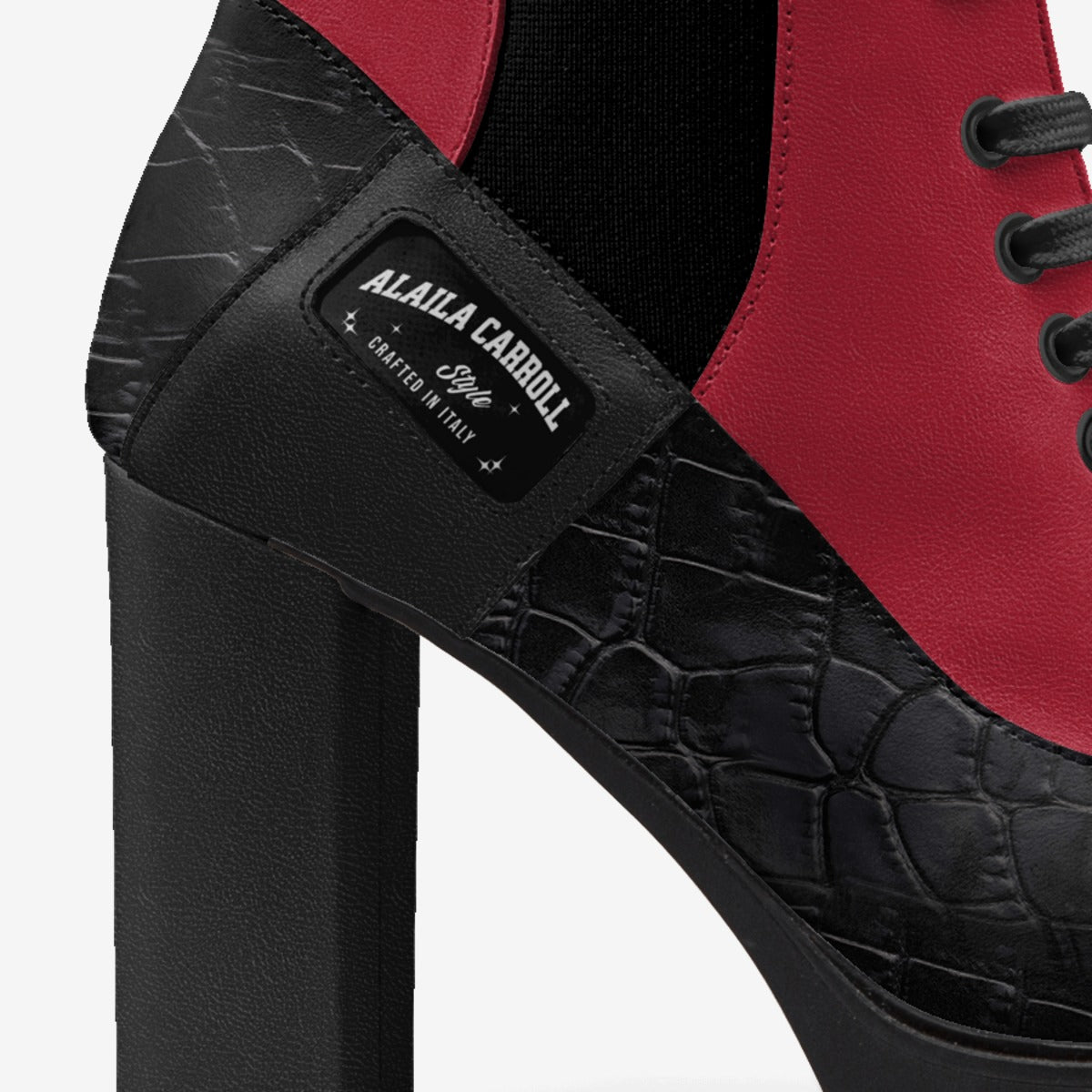 Laced Designer Boot – Black Croc & Red