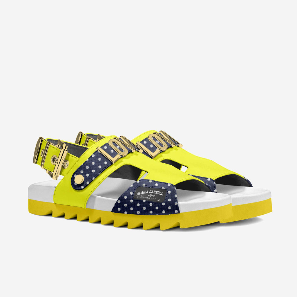 Luxe Metal Love Sandal Yellow, White, & Blue Polkadots
