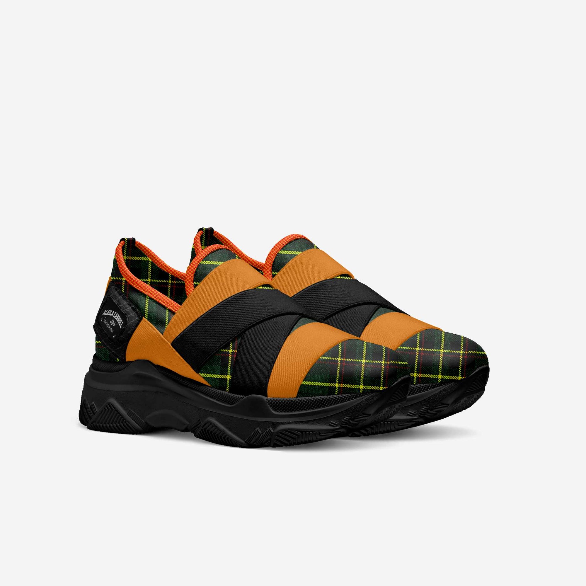 Elastic Sneaker Design Green Plaid, Orange, & Black