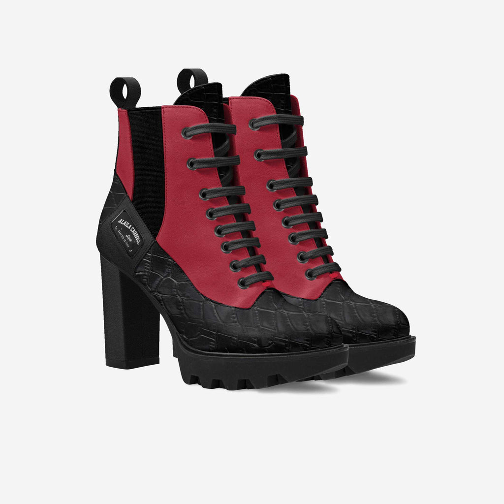 Laced Designer Boot – Black Croc & Red