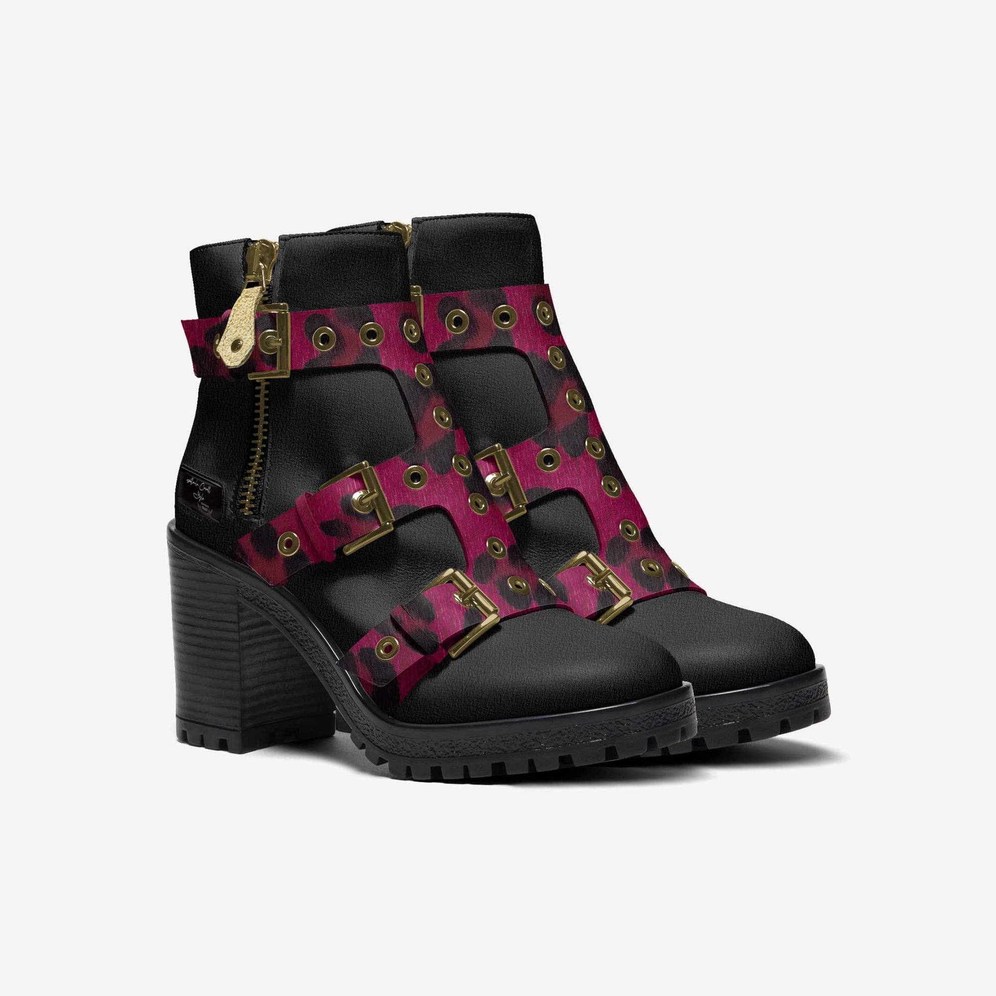 Triple Straps Boot Black & Purple Animal Print