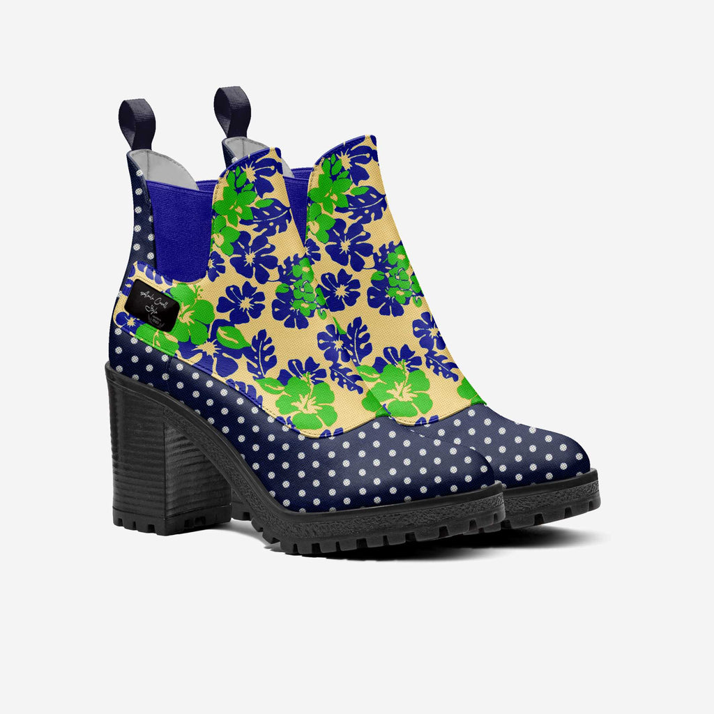 Slip-on Designer Boot Navy Polkadots & Green and Blue Flowers