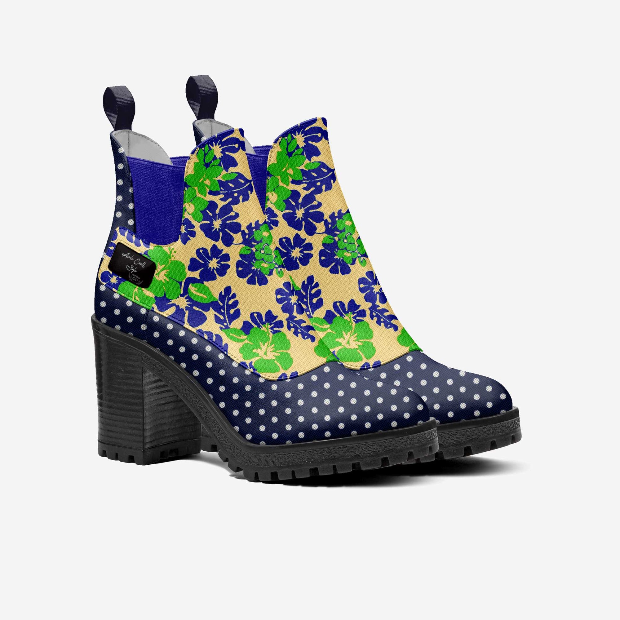Slip-on Designer Boot Navy Polkadots & Green and Blue Flowers
