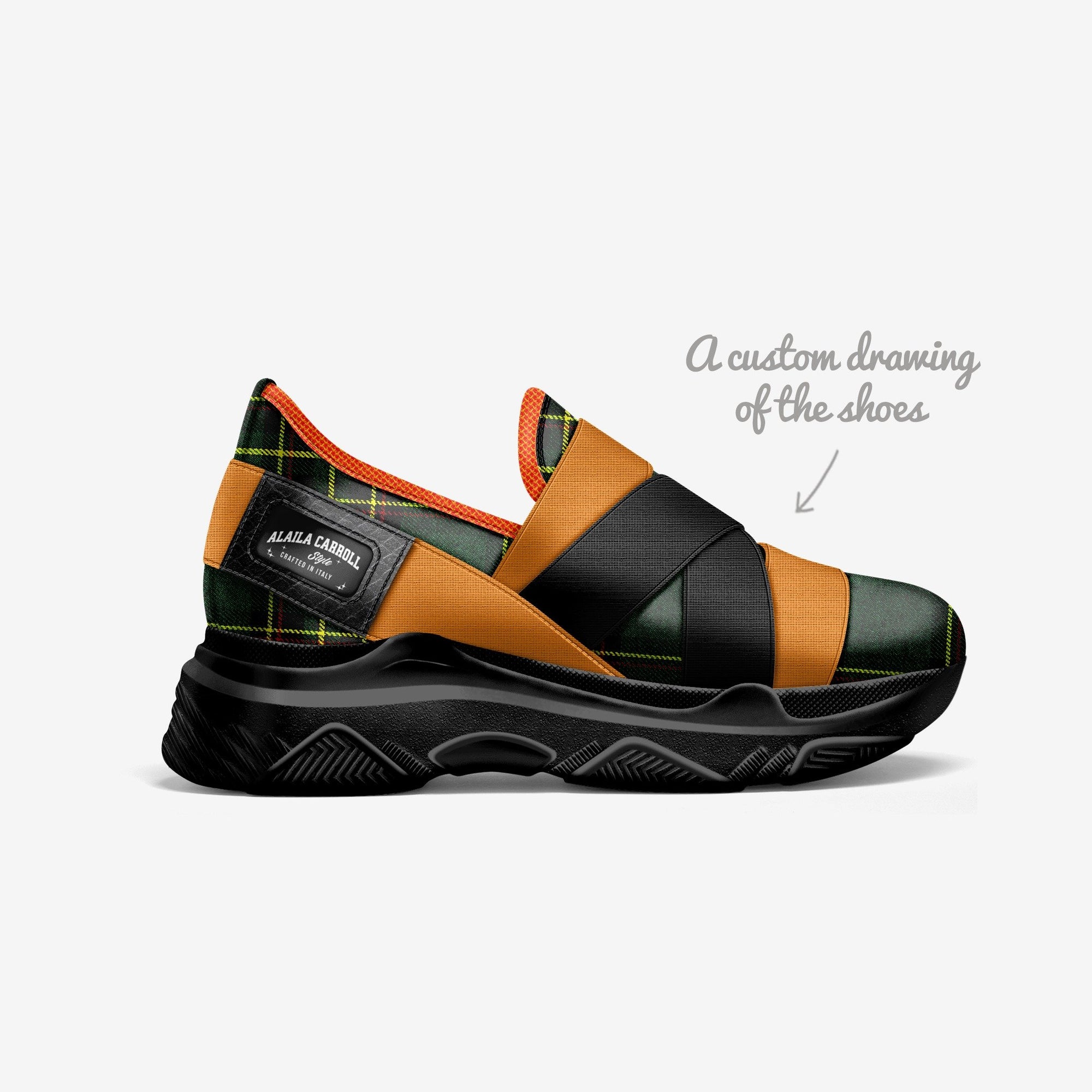 Elastic Sneaker Design Green Plaid, Orange, & Black