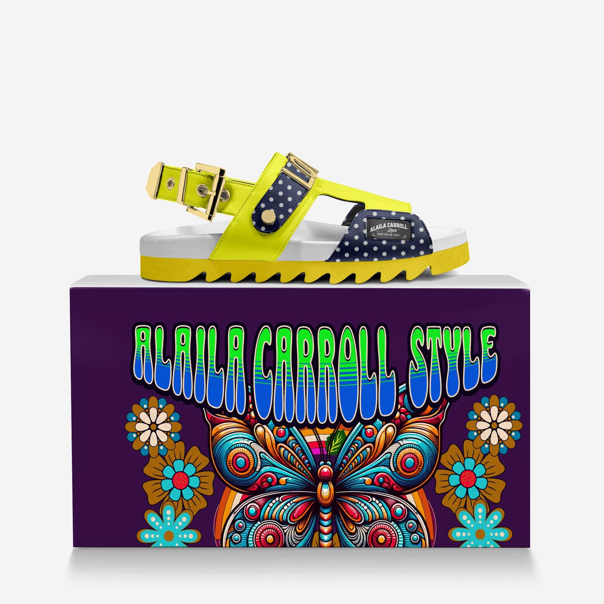 Luxe Metal Love Sandal Yellow, White, & Blue Polkadots