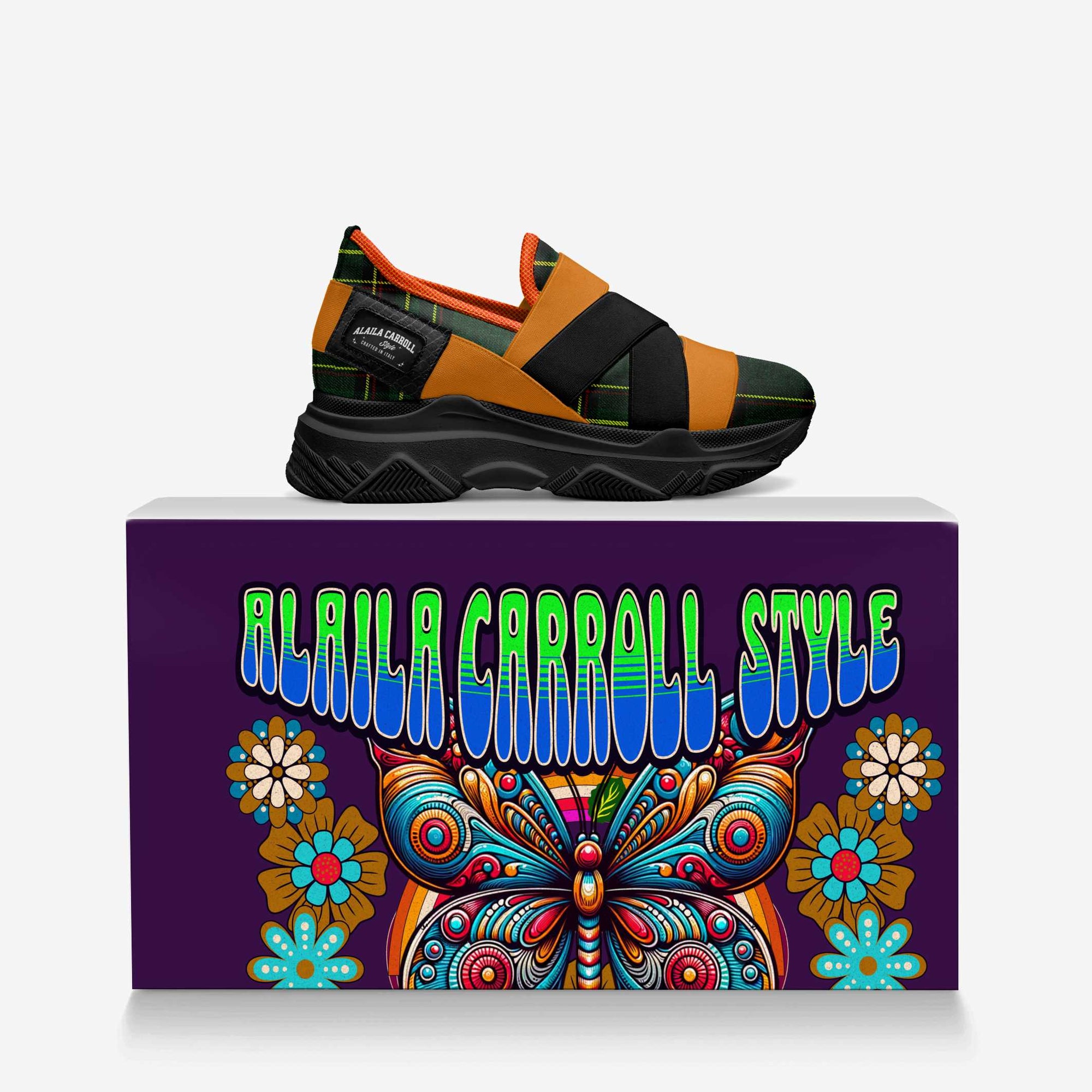 Elastic Sneaker Design Green Plaid, Orange, & Black