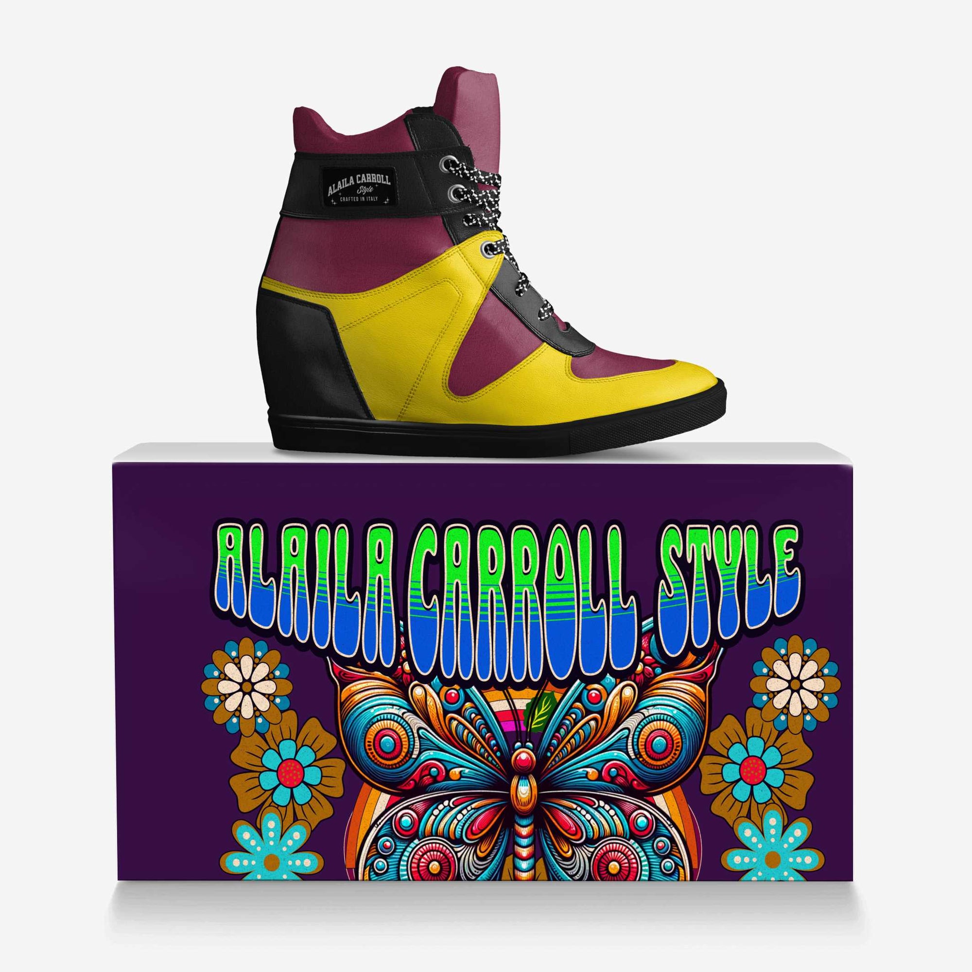 Lace Up Wedge Sneaker Maroon, Yellow, Black