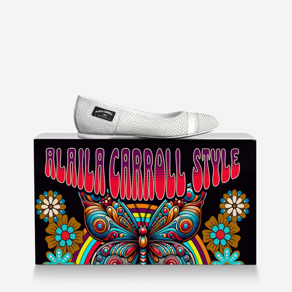 Minimal Ballerina Flat White Python – Elegant Italian Women’s Flats | Alaila Carroll Style