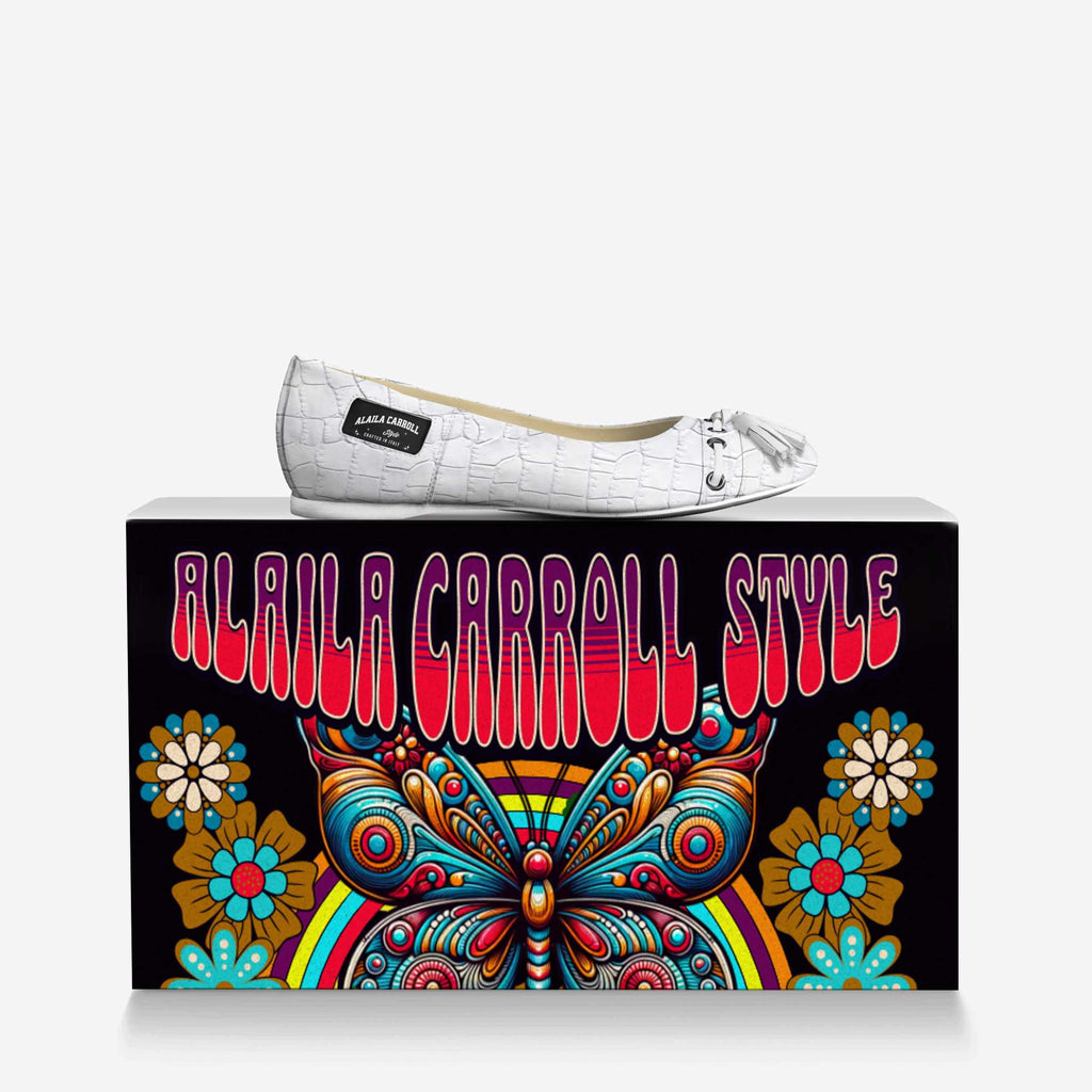 Tassels Ballerina Flats, White Croc – Elegant Italian Women’s Flats | Alaila Carroll Style