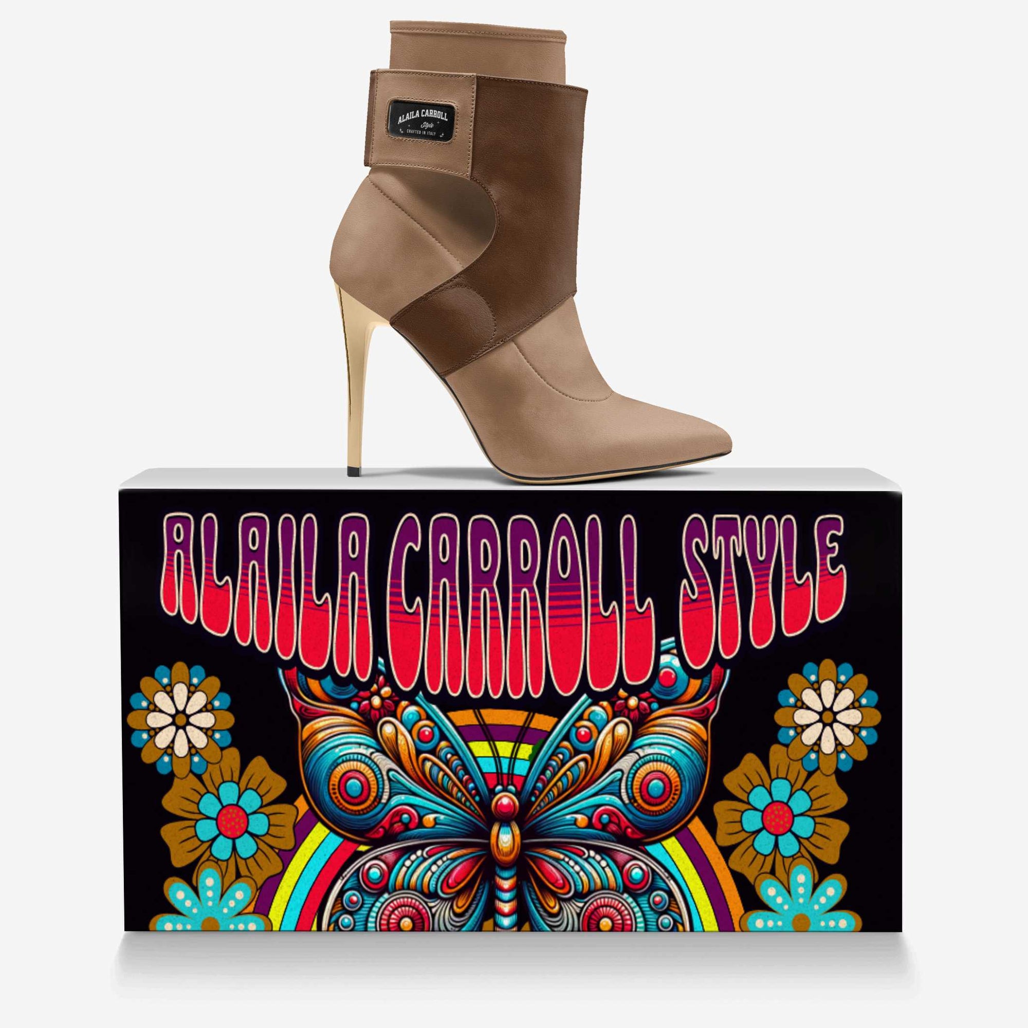 Future High Heel Nude & Brown with Gold Heels | Futuristic Designer Stiletto Boots | Alaila Carroll Style