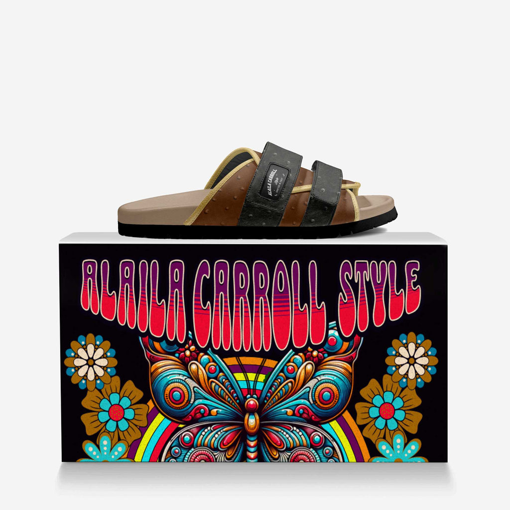 Multi Stripe Fashion Sandal Black & Brown Ostrich with Gold Trim | Luxury Designer Sandals | Alaila Carroll Style