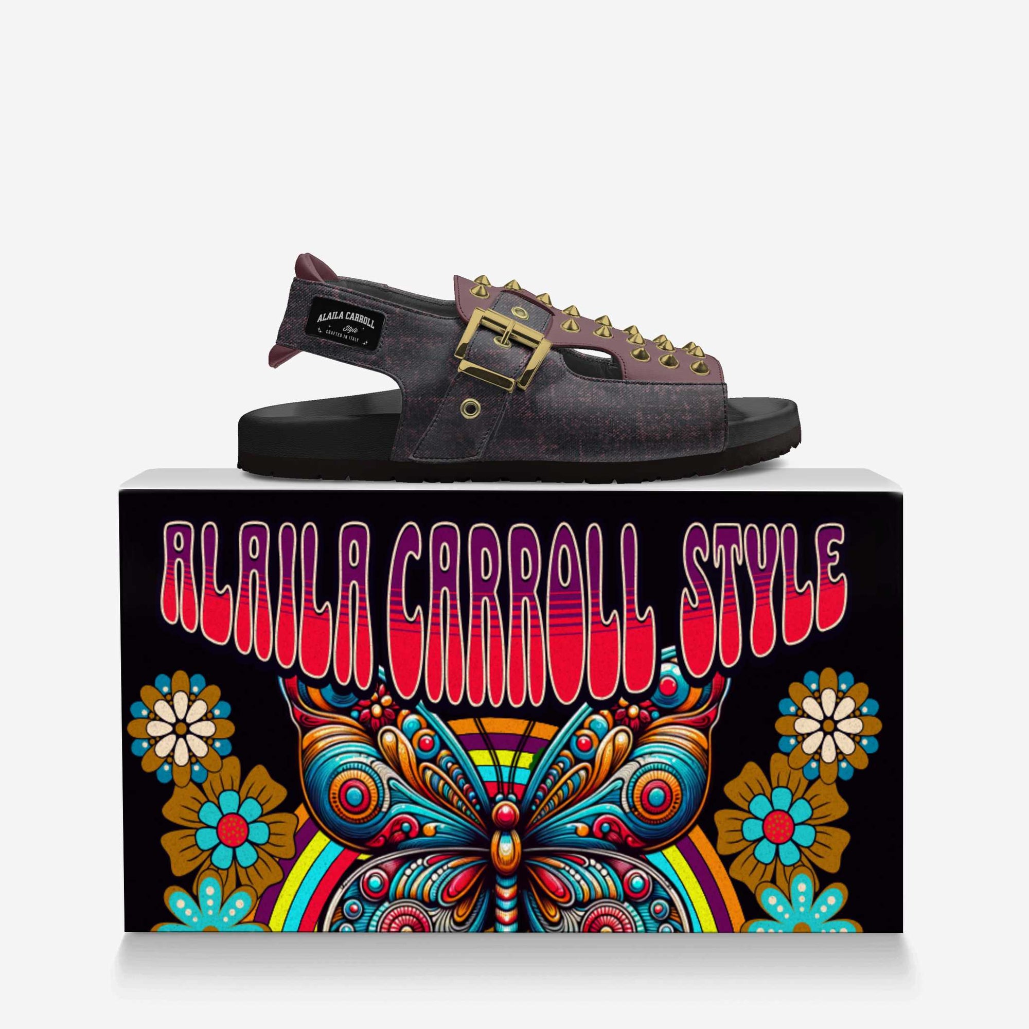 Spikes Luxury Sandal Vintage Red Textile & Wine | Rock-Inspired Designer Sandals | Alaila Carroll Style