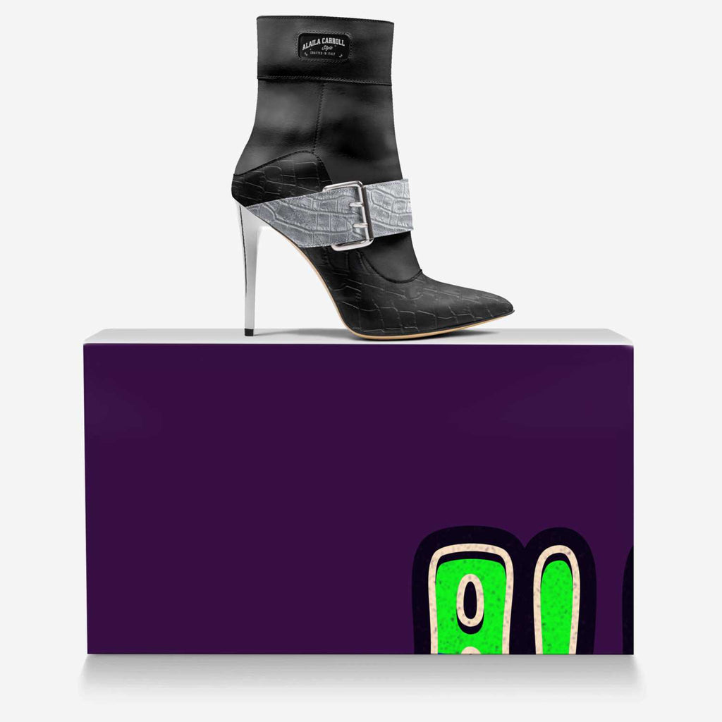 HIGH-HEEL BELT BOOT Black & Silver