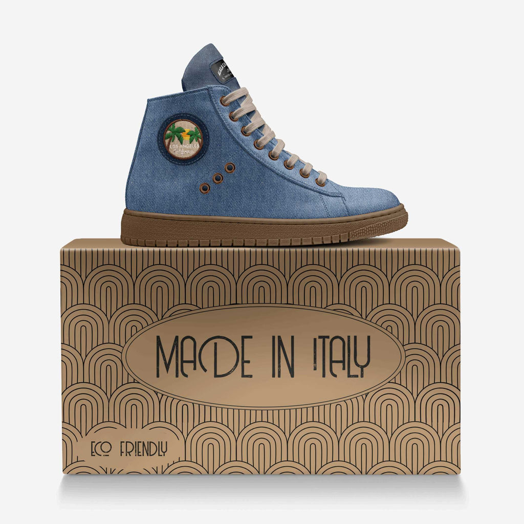 Eco Vintage High Top Denim Jeans with Mouton Laces | Sustainable Designer Sneakers | Alaila Carroll Style