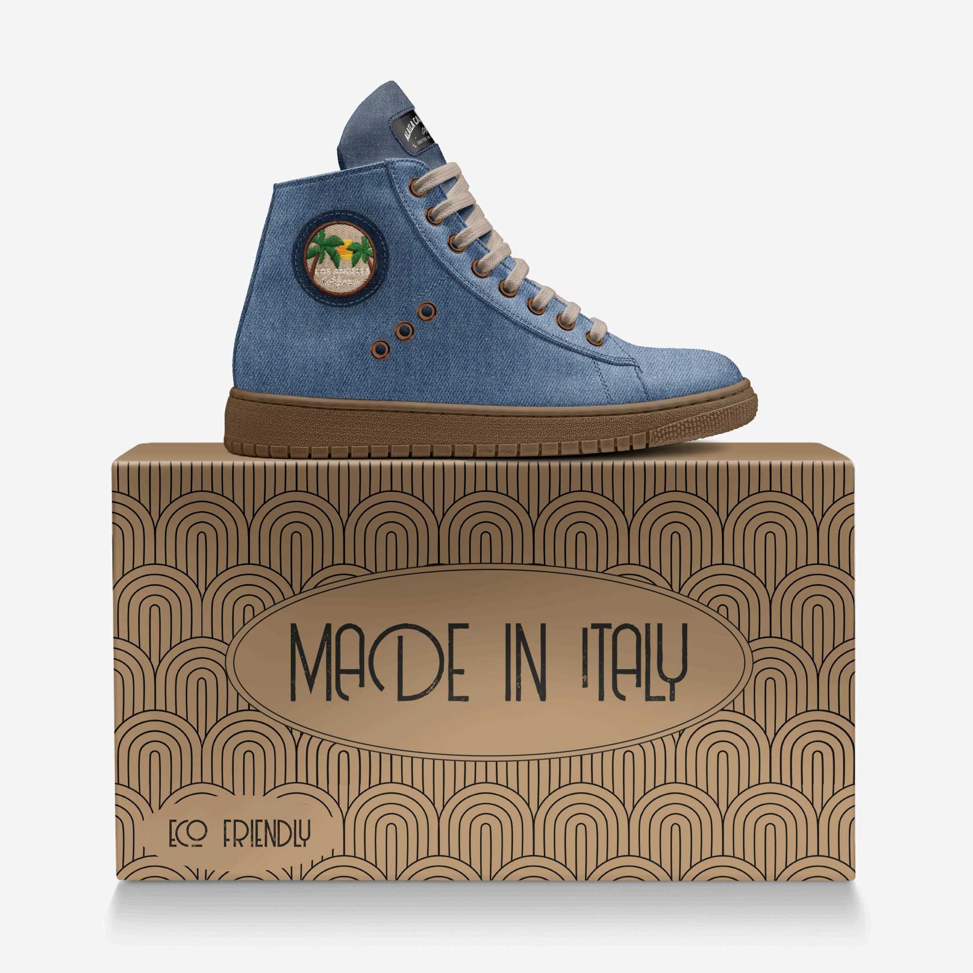 Eco Vintage High Top Denim Jeans with Mouton Laces | Sustainable Designer Sneakers | Alaila Carroll Style