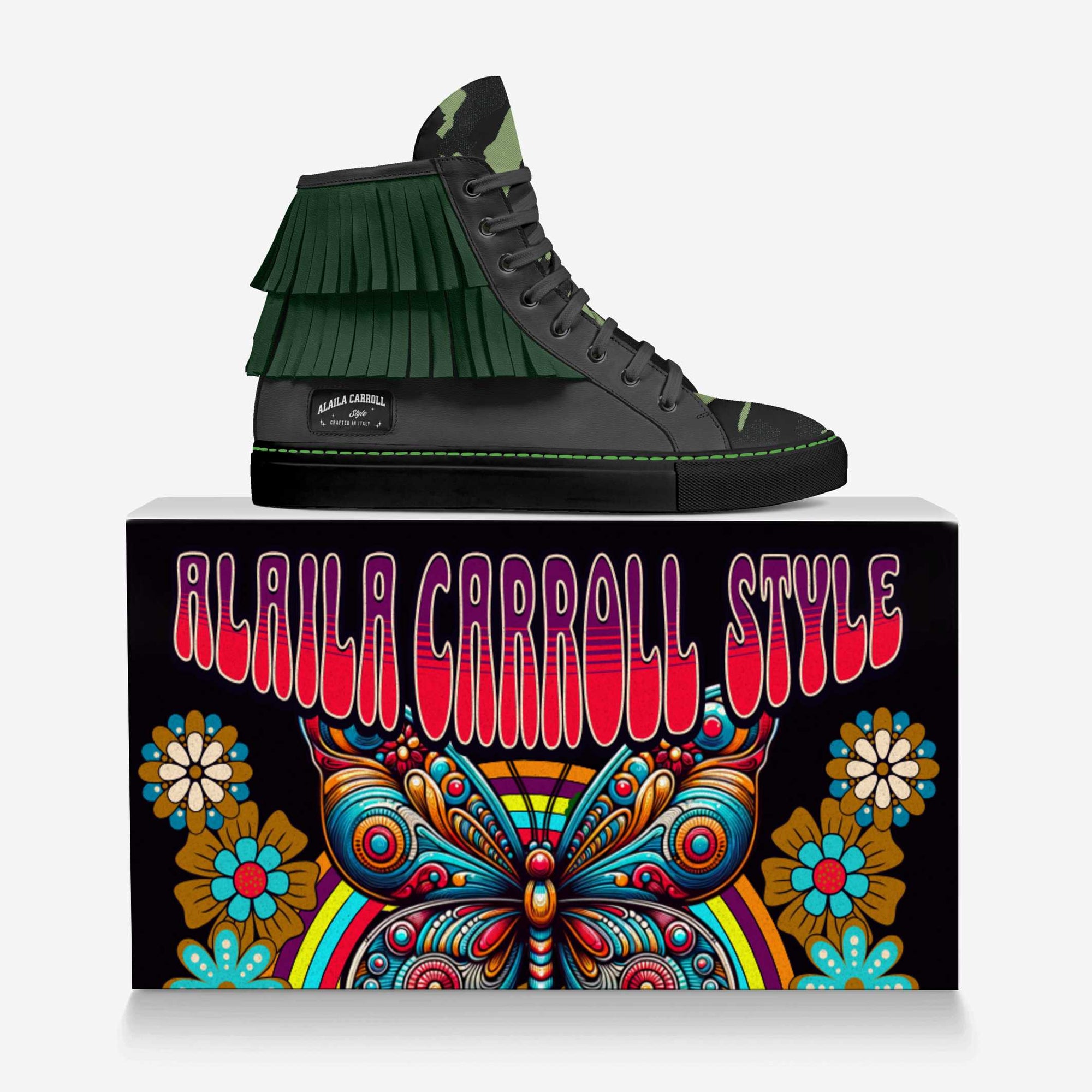 High-Top Fringe Sneaker – Green Camo & Black