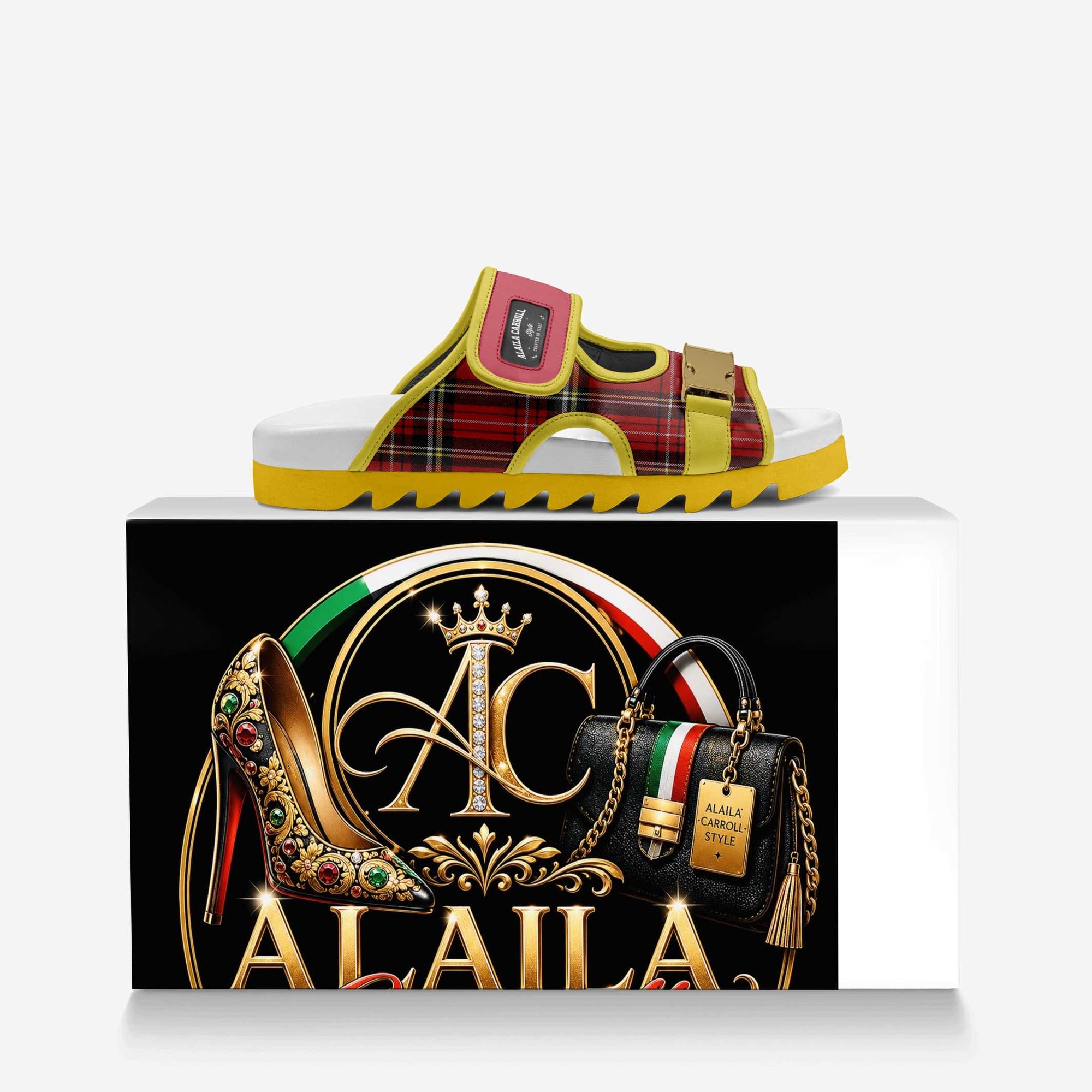 Limited-Edition Buckle Luxe Sandal Red Plaid & Canary | Luxury Designer Sandals | Alaila Carroll Style
